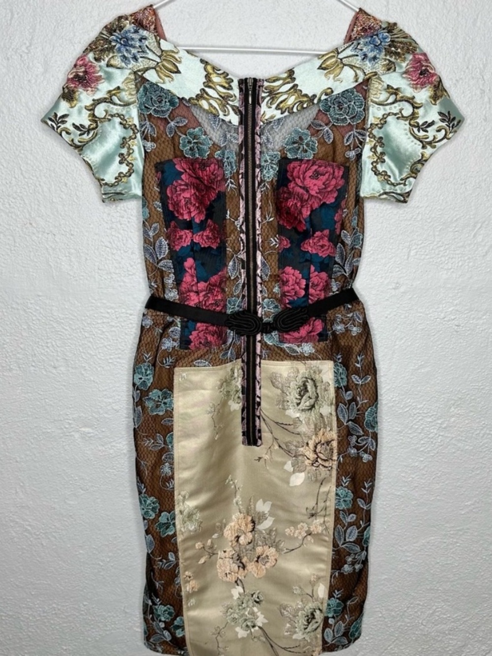 Beguile by Byron Lars Pieced Brocade Sheath Dress w/ Belt, Size 4